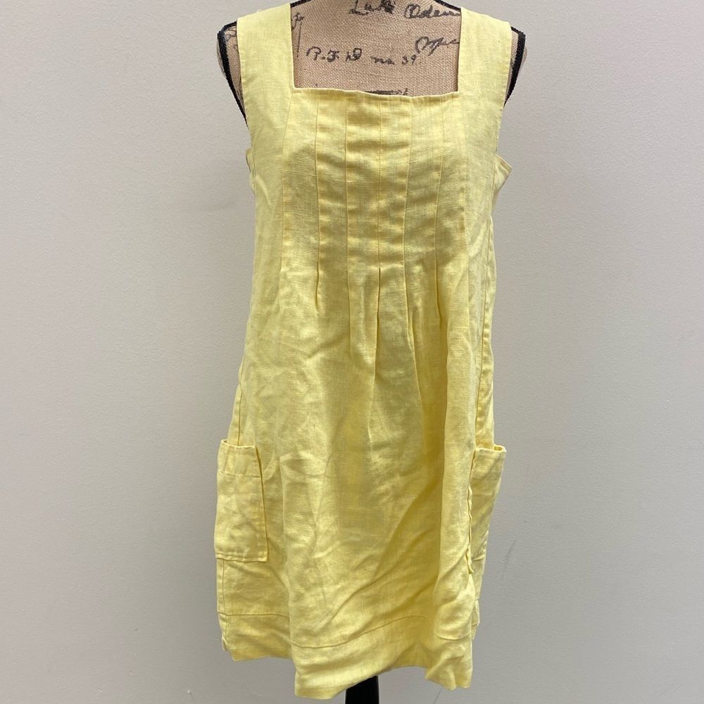 I.n. Studio petite yellow linen pleated square neck‎ sleeveless sheath dress